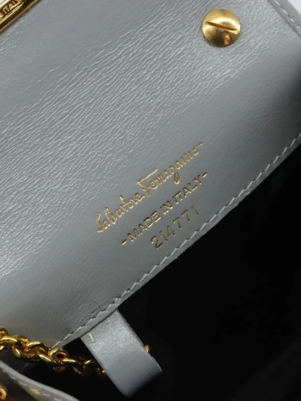 Salvatore Ferragamo Gancini Chain Shoulder Pouch Suede Gray Gold Auth 163100V